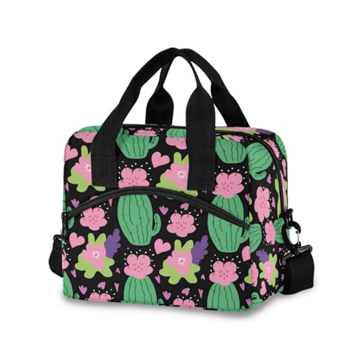 Insulated Lunch Bag Reusable Cooler Flower Heart Black Lunch Box Adjustable Shoulder Strap for Office Picnic School