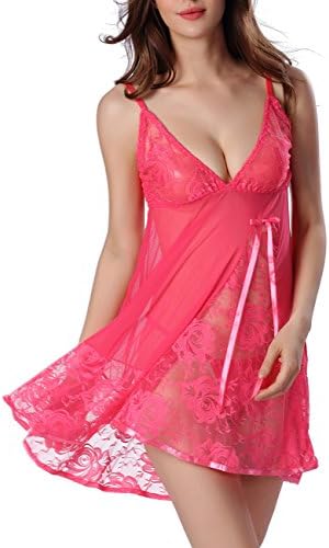 OnlyFuns Women Lingerie Strap Semi-Sheer Babydoll Polyeater Teddy Patchwork Nightwear Set Watermelon red XL