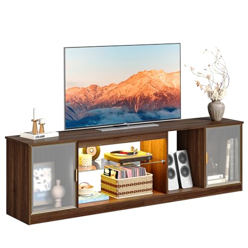 Bestier Meuble TV Moderne pour téléviseur 75/80 Pouces, Centre multimédia LED avec Portes acryliques et étagère en Verre réglable, Console multimédia 70...