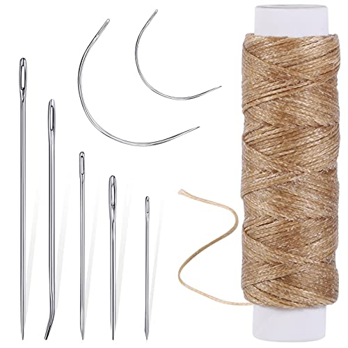 55 Yards Waxed Thread and 7 Leather Needles Set for Hand Sewing, Khaki
