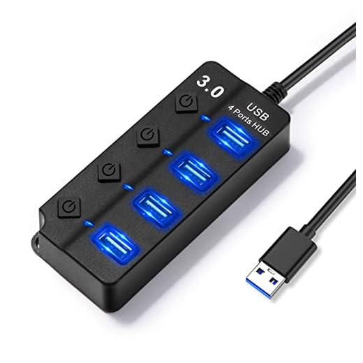 Hoppac Hub USB , 4Ports Répartiteurs USB avec Commutateurs Indépendants, 1Port USB3.0, 3Ports USB2.0 Adaptateur de Ports USB Multiples pour PC avec Lumière LED