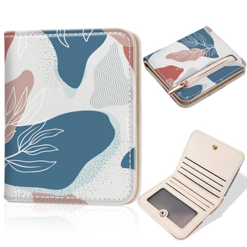 Toughergun Boho Abstract Leaves RFID Small Wallet Women, Slim Thin Vegan Leather Bifold Wallet with Zipper Coin Pocket & ID Window, Cute Mini Credit Card Holder Gift for Women Ladies Teen Girls