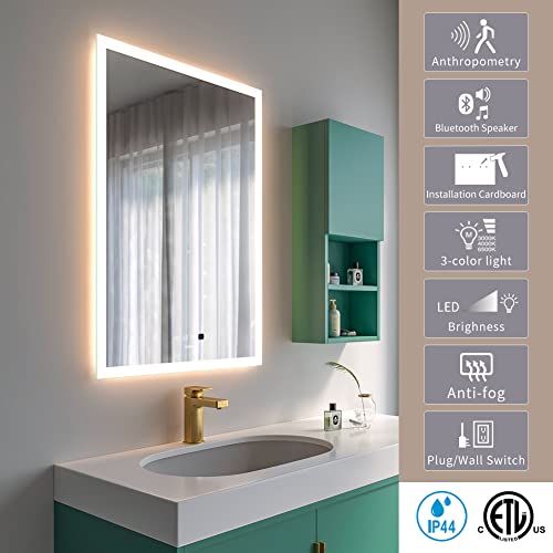Ganpe 28 X 36 Inch Led Bathroom Mirror With Motion Sensor And Bluetooth Speaker, Touch Control Backlit Front Light Makeup Vanity Mirror Wall Mounted, Ip44 Anti Fog Waterproof Vertical & Horizontal #TOP7