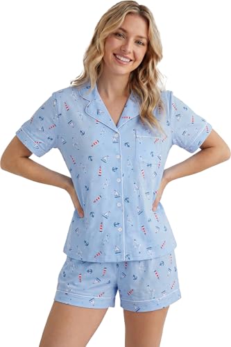 Image of LUBOT 100% Cotton Pajamas for Women 2 Piece PJ Set Button-Down Soft Knit Short Sleeve Summer Sleepwear Loungewear XS-XXL
