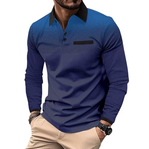 Camiseta polo para hombre de manga larga, estilo casual y ajuste slim, con bolsillo, color bloque, para golf y uso diario