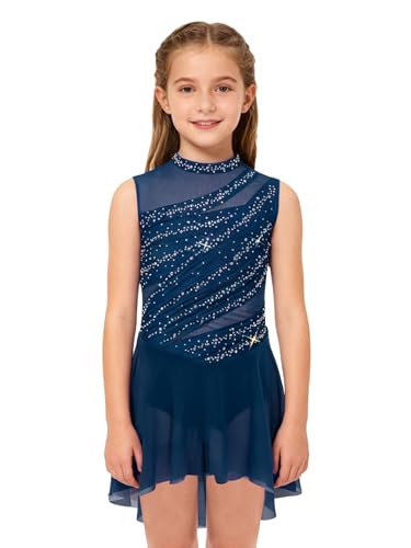 Yihuimin Vestido de patinaje artístico para niña, sin mangas, vestido de patinaje artístico, vestido de ballet, vestido de danza, traje de gimnasia rítmica, maillot de danza, azul marino, 146-152