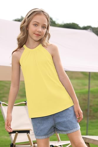 Image of BesserBay Girls Summer Back Button Halter Neck Tank Top Cold Shoulder Casual Blouse Pleated Sleeveless Shirts 5-14 Years