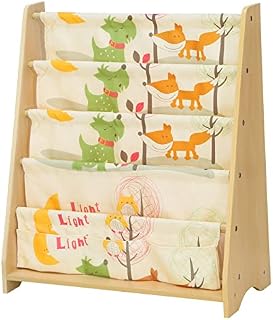 SONGMICS Children's Sling Bookcase, 4 Tier Fabric Book Shelves For School Supplies Stationery, Storage Unit and Rack in Children's Room, Nursery, Kindergarten, Animal Theme with Maple Finish GKR71YL