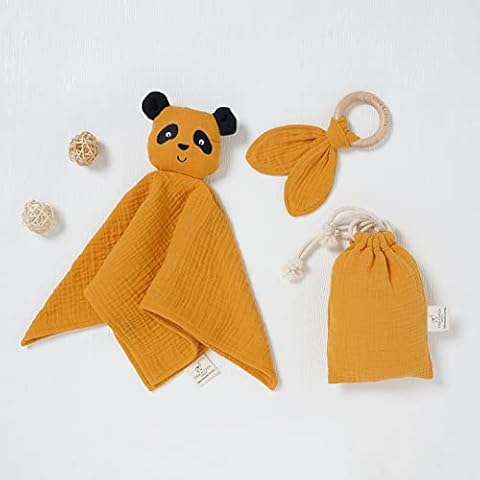 Tiny Alpaca | Organic Cotton Panda Security Blanket With Teether | 30x30CM | Gender Neutral | Baby Blanket (Tumeric) Cover