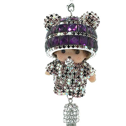 Royalfox(TM Luxury 3D Bling Hanging Crystal Doll with Charm Car Ornament Decor Rear View Mirror Decoration Bling Car Accessories for Women Girls Interior Decorations Car Home Decor (Purple)