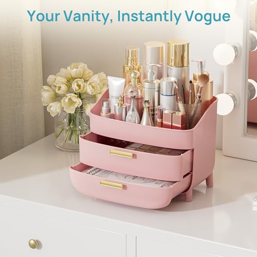 Image of Vtopmart 3-Tier Skincare Makeup Organizer with Drawers for Vanity and Bathroom Countertop, Large Cosmetic Storage Box Case for Dresser, with Non-Slip Base, Pink