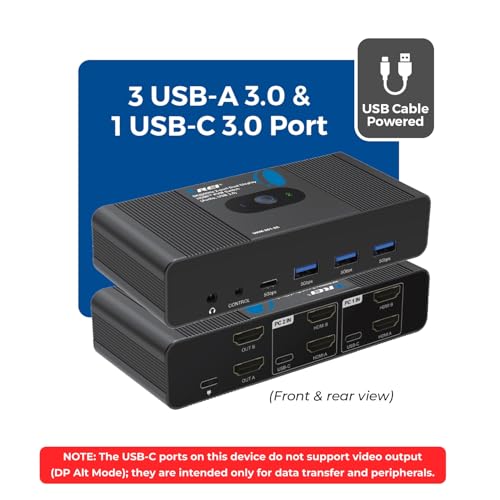 OREI 2x1 8K Dual HDMI & USB-C KVM Switch, 3X Port USB-A, 1x USB-C Share Multiple Devices, Laptops, PC, on Two Display Monitor, Keyboard Control, Peripheral Control, Analog Audio Out - Wired Remote by OREI - Image 2