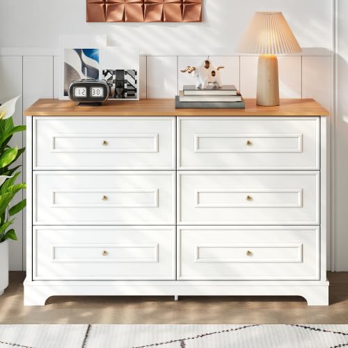 vutizal Cassettiera rustica 120 cm con 6 cassetti, credenza bianca effetto legno con manici dorati, mobili per camera da letto