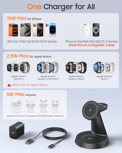 Image of Meifigno 3 in 1 Magnetic 15W Charging Station for Apple Multiple Devices | Wireless Charger Design for MagSafe, for iPhone 17-12 Series, Watch Charger Stand for Apple Watches & Airpods, with Adapter