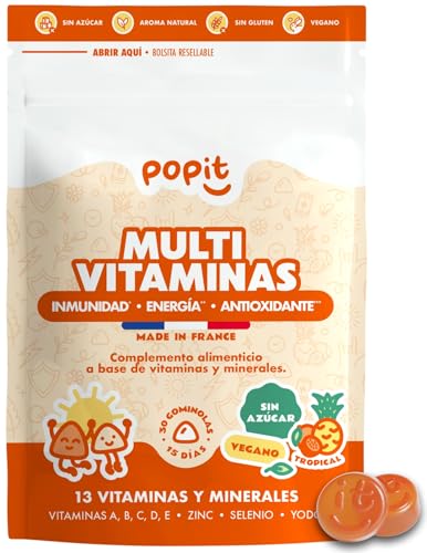 POP IT Gominolas Multivitamínicas Adultos – Inmunidad y Energía – Sin Azúcar, Veganas, Tropical – Vitaminas A, B, C, D, Zinc – 13 Nutrientes – 30 unidades