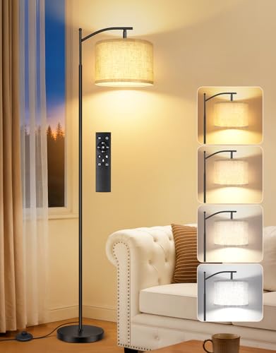 OUTON Lámpara de Pie Regulación Continua 3000K-6500K, LED con Mando Magnético e Interruptor de Pie, Temporizador 1H y Memoria, Cabezal Giratorio 90°, Pantalla de Lino, 9W, Salón Dormitorio Oficina