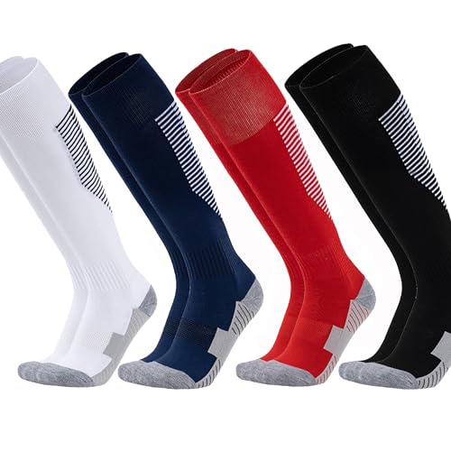 TNBRUA Calcetines Fútbol para Niños, 4 Pares Medias Futbol Niños Niñas Calcetines de Entrenamiento, Antideslizantes Transpirables Calcetines Deportivos para 5-12 Años, para Baloncesto Rugby Correr
