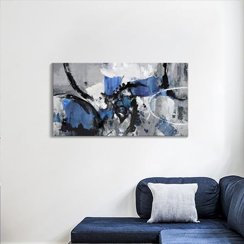 Image of Abstract Canvas Wall Art: Large Wall Art for Living Room, Bedroom & Gray Office Decorations for Work, Framed Artwork - Modern Decor with Blue & Black Paintings