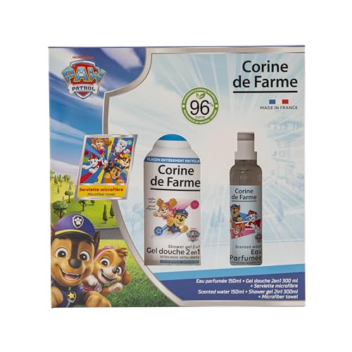 Corine de Farme - Coffret Pat Patrouille : Eau Parfumée 150ml Musc Fruité + Gel Douche 2en1 300ml Abricot + Serviette Microfibre 30x30cm - 96% Naturel - Dès...