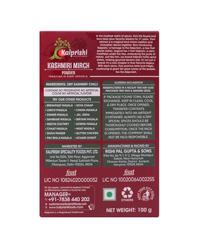 Image of Kalprishi Kashmiri Red Chilli Powder with Natural Oils, 500 gm (100g x 5) Kashmiri Lal Mirch Powder for Curry, Paratha, Sabji, Tadka, Pulav