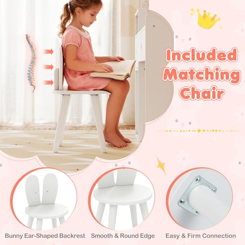Image of HONEY JOY Kids Vanity with Lights, Rabbit Themed Princess Makeup Dressing Desk, Storage Cabinet, Wooden Pretend Play Toddler Vanity Table & Chair Set with Lighted Mirror for Little Girls (White)