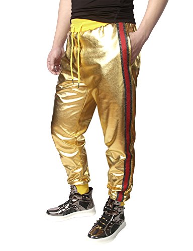 JOGAL Men Metallic Shiny Joggers Casual Drawstring Sweatpant XX-Large A331 Gold