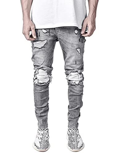 IDEALSANXUN Mens Ripped Stretch Jeans Casual Slim Fit Distressed Plaid Pattern Skinny Biker Jeans2
