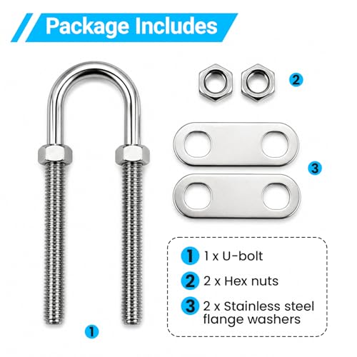 Image of Boat Stern Bow Eye Tie Down U Bolt, Marine Stainless Steel with Hex Nuts and Washers, 4-1 /2 in Overall Length, 3 /8 in Stock, 3 in Thread Length, 2 Pack