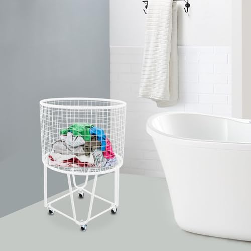Image of Wire Metal Rolling Laundry Basket On Wheels,Mesh Wire Laundry Basket Storage Cart for Bathroom Bedroom Dirty Clothes Storage (E)