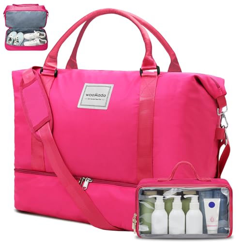 WOOMADA Weekender Overnight Bag for Women, Carry on Shoulder Travel Duffel with Shoes Compartment,Gym Bag with Toiletry Bag(hot pink)