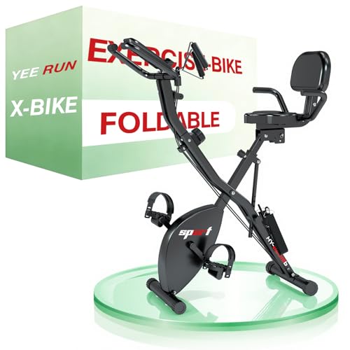 Vélo d'appartement pliable - Vélo d'appartement 4 in 1 avec dossier - avec Écran LCD et Mesure du Pouls - 8 Niveaux de Résistance Magnétique - Capacité 120KG - Hauteur du siège réglable.