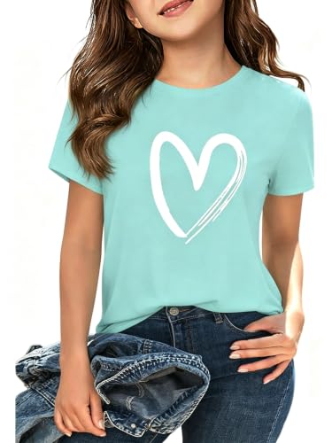 Image of Girls Short Sleeve Tee Shirts Kids Summer Crewneck Tops 5-14 Years | Soft lightweight kids heart graphic print basic tshirts for daily, sports, school, party & outdoor activities