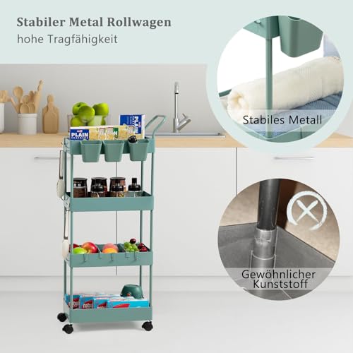 danpinera Rollwagen schmal, Bastelwagen für Kinder, Servierwagen mit 4 Etagen, Rollwagen Küche mit Trennwänden & Haken & hängenden Bechern, Nischenwagen für Kinderzimmer Küche Badezimmer Büro, Grün