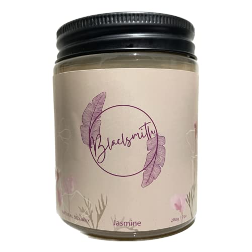 Natural Scented Soy Candle | Jasmine | Medium 7 Oz One Cotton Wick | Long Burn Time | Includes Metal Lid And Gift Box | Blacksmith Candles #TOP1