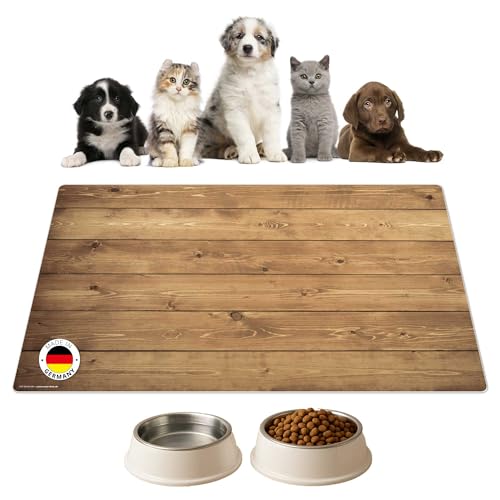 Napfunterlage | Futtermatte für Hunde und Katzen „Holz“ aus Premium Vinyl - 60x40 cm – rutschhemmend, abwaschbar, reißfest - Made in Germany