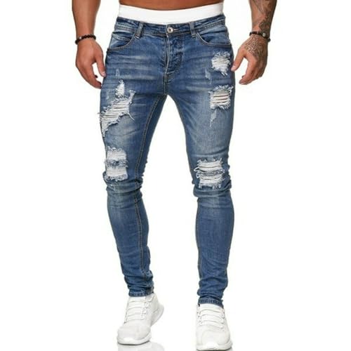 Pants Jeans Denim Trousers Street Trendy Piercing Wear Hole Stretch Tight Washed Blue Mid Waist for Men2