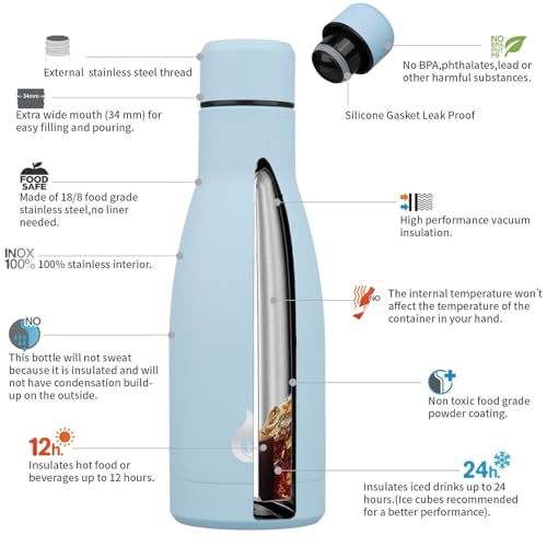 Image of BJPKPK Insulated Water Bottle 12oz Small Stainless Steel Water Bottles Reusable Metal Thermal Keep Cold and Hot,Sky Blue