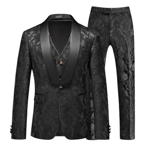 Pohullan Men 3-Piece Suit Wedding Party Dress Jacket Trousers Vest Dance Party Suit Black M