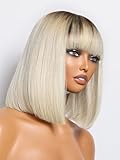 LUVME HAIR Ombre Blonde Bob Wig with Bangs Human Hair, Silky Straight Platinum Blonde Human Hair Short Wigs with Dark Roots, Ready to Go Lace Bang Bob Wig 10 Inch