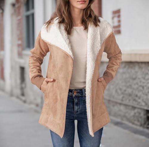 Women Winter Coat Open Front Sherpa Lined Jacket Faux Suede Fleece Long Sleeve Lapel Coat Outwear with Pocket2