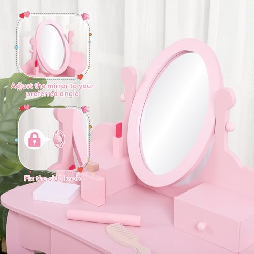 GarveeHome Girls' Vanity Set with Mirror, Makeup Table and Stool for Kids, Wood Dressup Playset for 4-9, Pink
