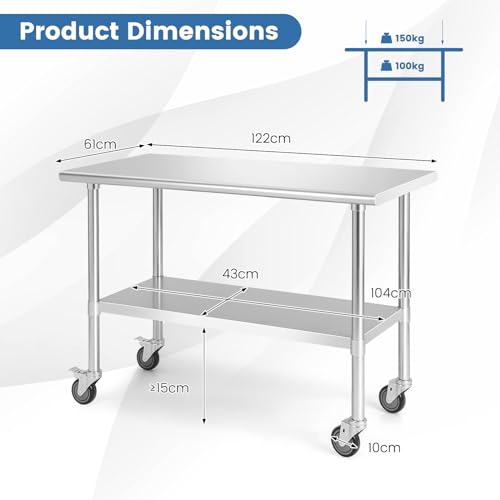 Miniatura 7 de Komfotteu Mesa De Trabajo Con Ruedas Para Cocina, Carro De Servicio De Acero Inoxidable, Carrito De 2 Estantes Con Carga De 250 Kg, Mesa De Preparación De Comida Para Restaurante 122 X 61 X 90 Cm