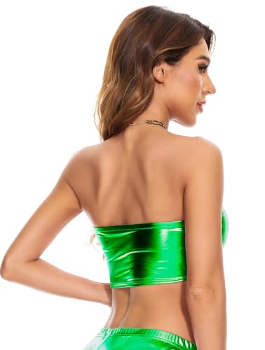 Gatielzana Sutiã feminino metálico curto brilhante sem alças para dança, raves, festivais, fantasias