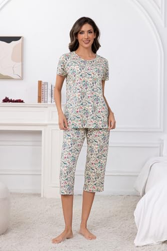 Image of PNAEONG Women Pajama Set Sleepwear Tops with Capri Pants Casual and Fun Prints Pajama Sets