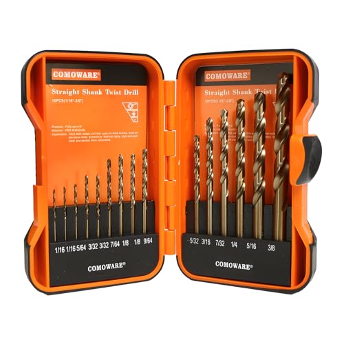 Image of COMOWARE 15Pcs Cobalt Drill Bit Set (1 /16 inch-3 /8 inch), M35 HSS Twist Drill Bits, Jobber Length, Straight Shank, Metal Drills bit Set for Steel, Stainless Steel /Iron /Wood /Plastic, with Storage Case