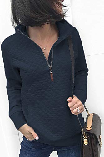 BTFBM Women Fashion Quilted Pattern Lightweight Zipper Long Sleeve Plain Casual Ladies Sweatshirts Pullovers Shirts Tops (Navy, Small)
