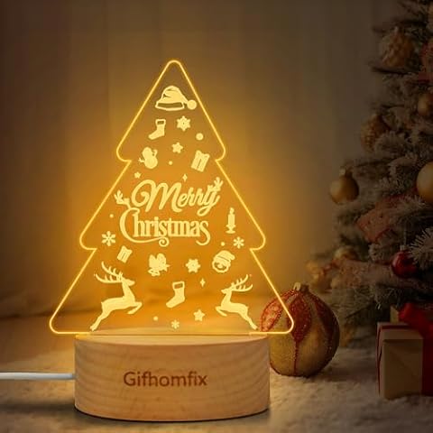 Christmas Gifts for Women Christmas Tree Shaped Tabletop Decor Lights Engraved Acrylic Night Light Christmas Tree Decor, Christmas Decorations with Led Light, Wooden Base Cover