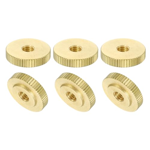 uxcell Knurled Thumb Nuts, 6Pcs M6 x D20mm x H5mm Brass Flat Head Through Hole with Collar Flat Head Through Hole Round Knobs Fasteners for 3D Printer Parts, Machine Tools