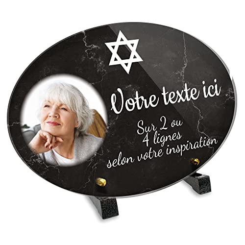 Plaque funéraire Ovale avec photo personnalisable en plexi motif Croix Juive, différentes tailles, épaisseur 6mm, personnalisée sur plusieurs lignes 30x20 cm