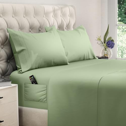 Image of DREAMCARE King Size Sheets Set - 4 pcs Breathable Cooling Sheets - up to 21 inch Extra Deep Pocket King Sheet Set with Side Pockets - Extra Soft 100% Brushed Hypoallergenic Hotel Luxury Bedding Sage Green